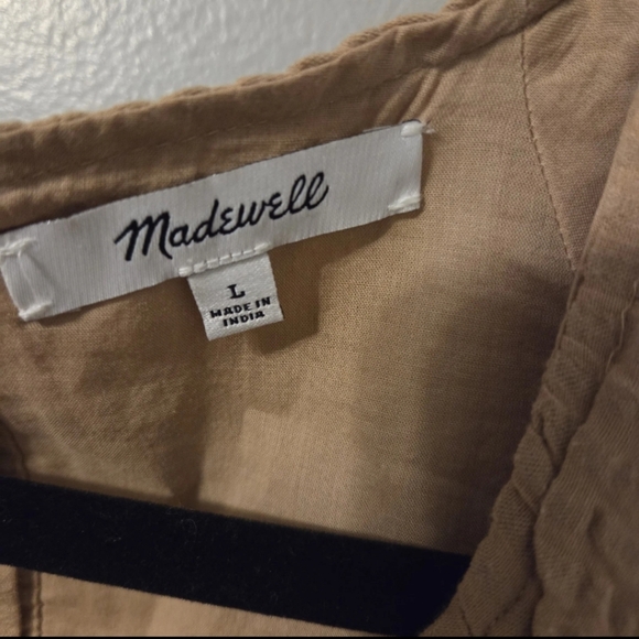 Madewell Women's Seersucker Puff-Sleeve Tan Lagenlook Preppy Mini Dress. Sz L - Picture 9 of 9